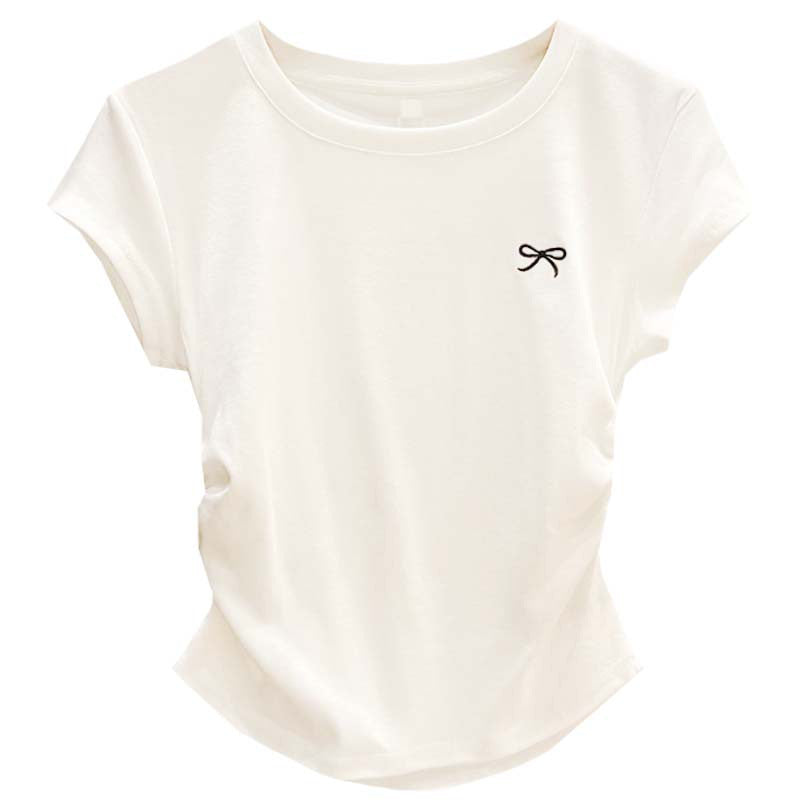 Round Neck Short Sleeve T-Shirt Women Pullover Pleated Embroidered Top