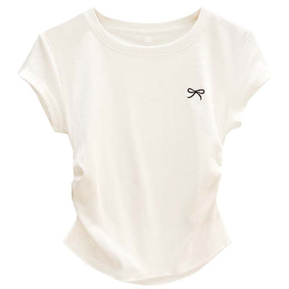 Round Neck Short Sleeve T-Shirt Women Pullover Pleated Embroidered Top
