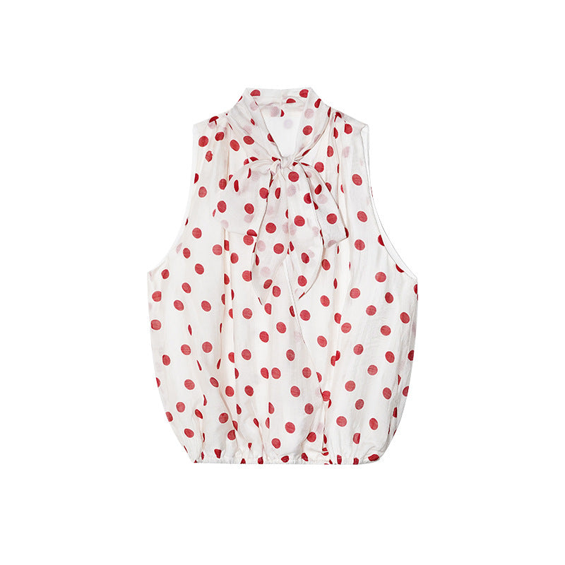 Sweet Polka Dot Tencel Neck Lace-Up Vest Chiffon Shirt