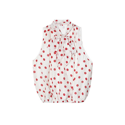 Sweet Polka Dot Tencel Neck Lace-Up Vest Chiffon Shirt