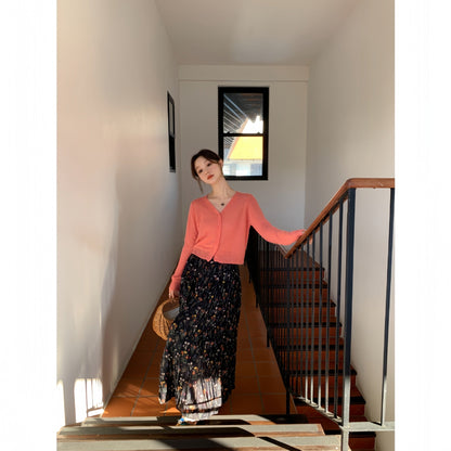 Women's High-Waist Floral Print Pleated Slim Maxi Skirt