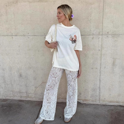 Perspective lace sexy wide-leg pants babes ins wind hollow trousers