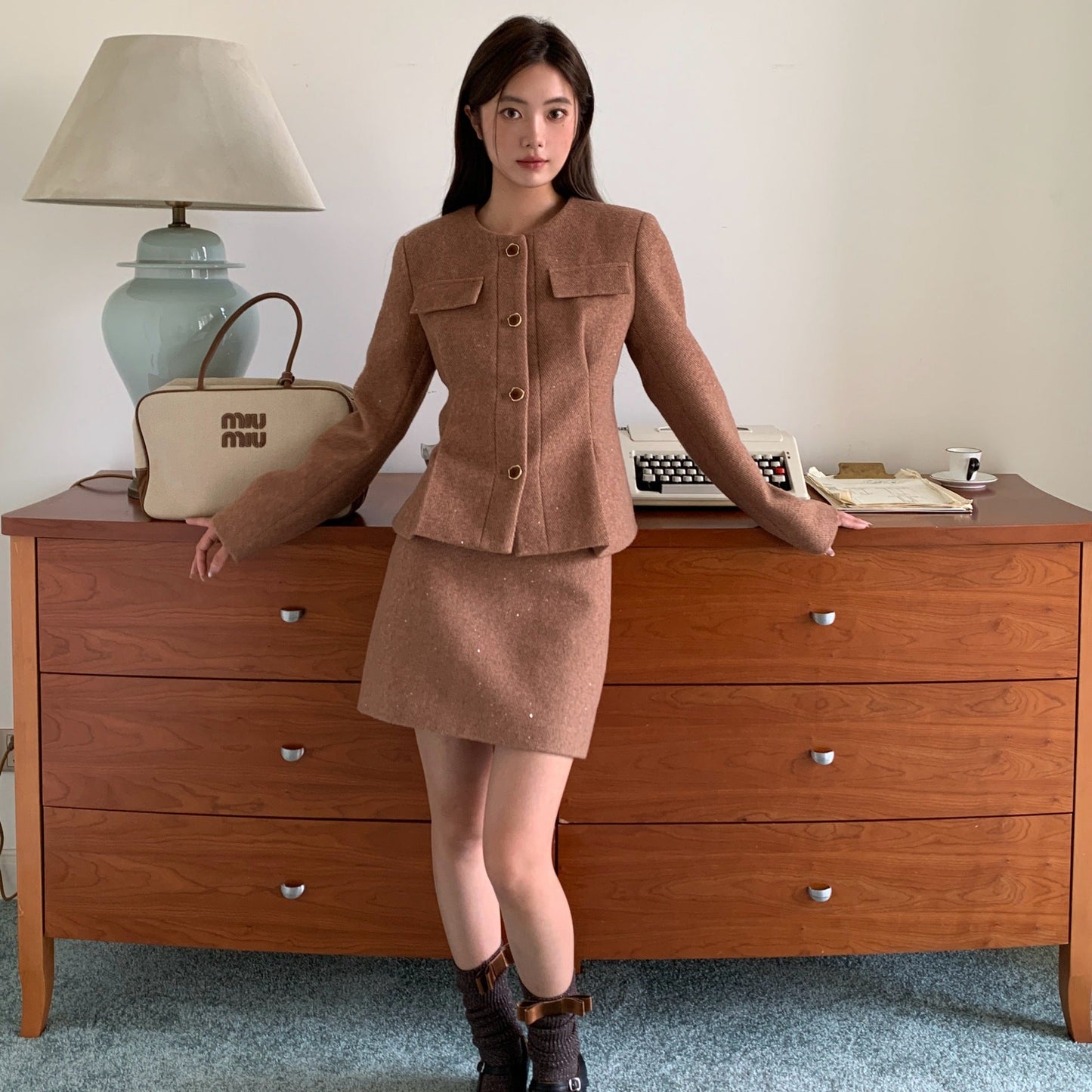 Temperament waist crew neck wool tweed jacket