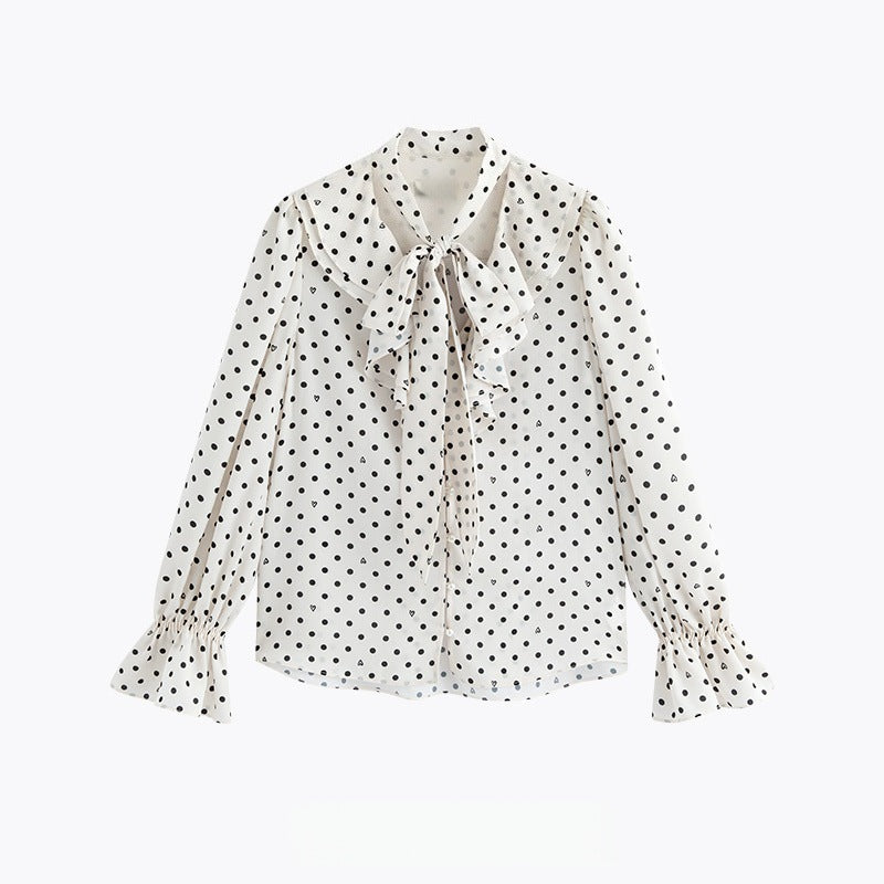 New French bow streamer polka dot card polka dot shirt women's autumn long-sleeved temperament satin top