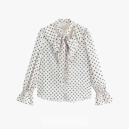 New French bow streamer polka dot card polka dot shirt women's autumn long-sleeved temperament satin top