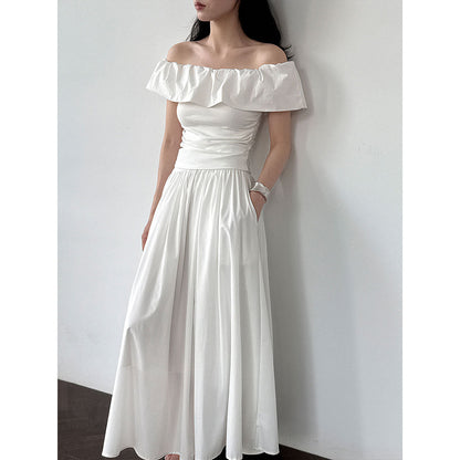 Fresh and sweet temperament ruffle leaf edge shoulder short-sleeved t-shirt women's summer new off-the-shoulder thin top