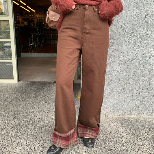 Vintage plaid paneled rolled-up versatile straight-leg jeans