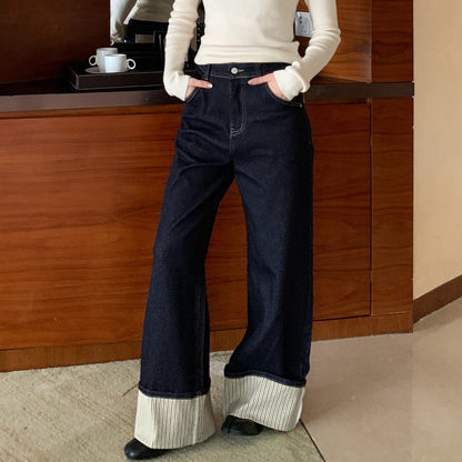 Foreign-style striped flanged mid-waist straight jeans