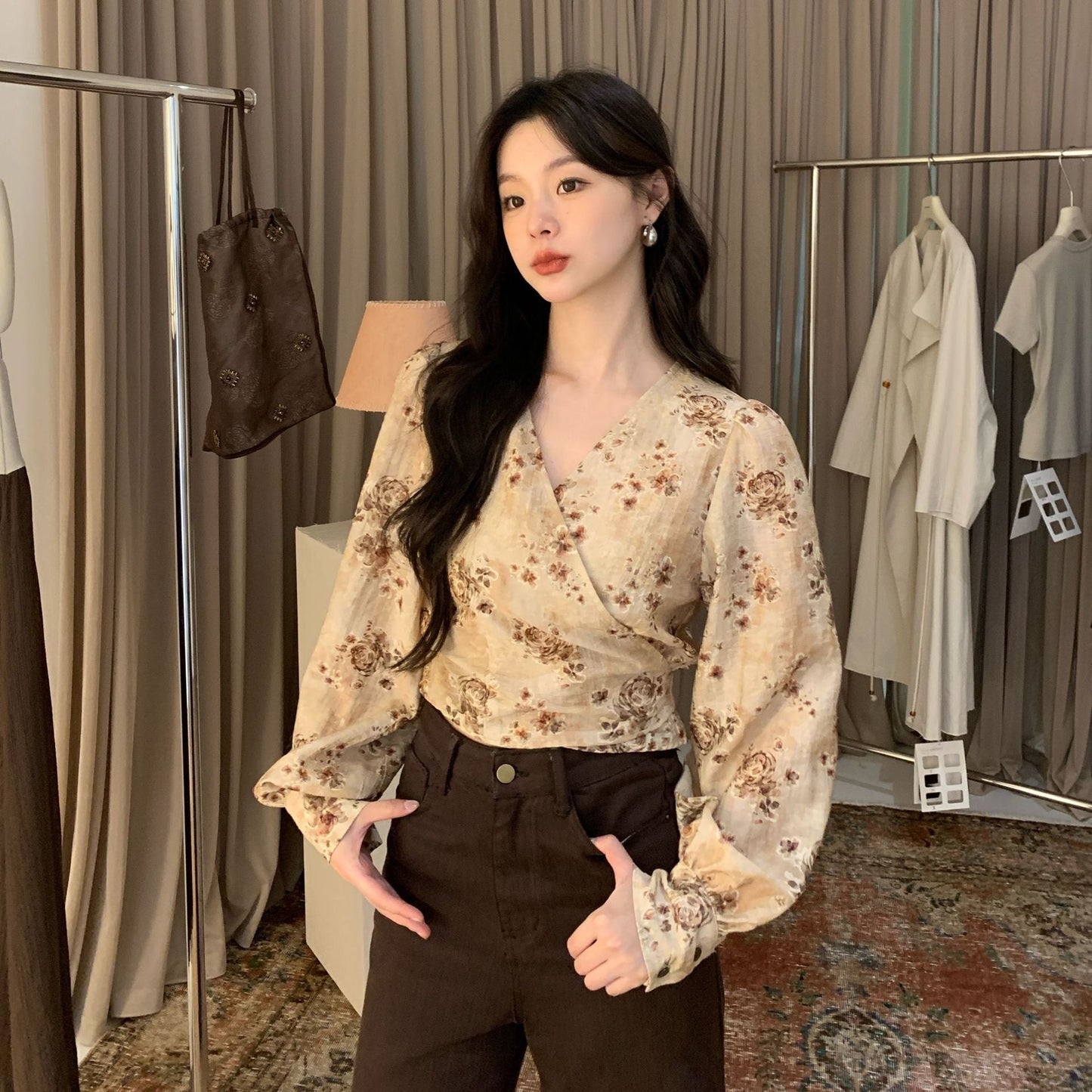 Temperament Tencel v-neck strap long-sleeved shirt