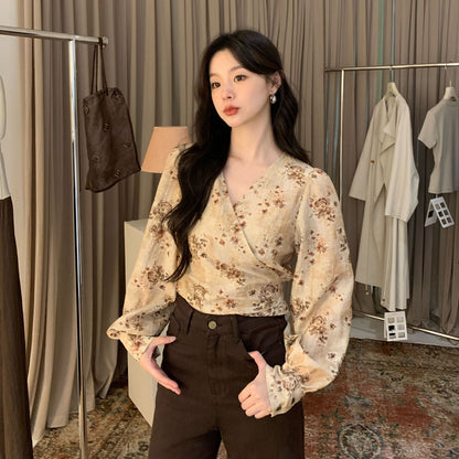 Temperament Tencel v-neck strap long-sleeved shirt