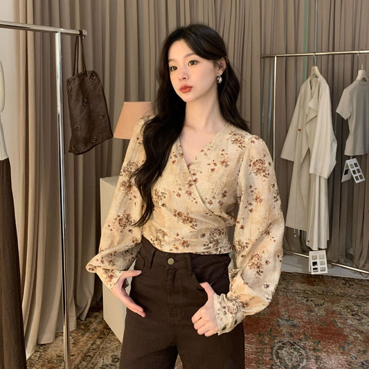 Temperament Tencel v-neck strap long-sleeved shirt