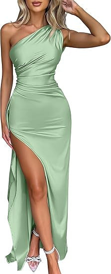 Year, single shoulder pucker split ends sexy satin dress summer temperament slim fit