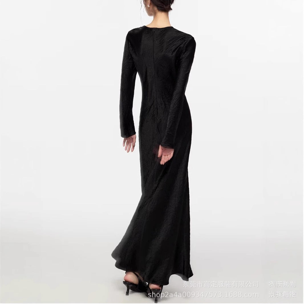 Spring and Autumn French Elegance Temperament Fashion Penny Extreme Satin Folded Long Sleeve Dress Women