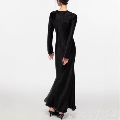 Spring and Autumn French Elegance Temperament Fashion Penny Extreme Satin Folded Long Sleeve Dress Women