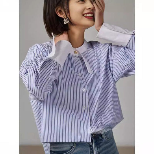 Spring and summer new top design sense niche chic casual cotton round neck tea striped shirt