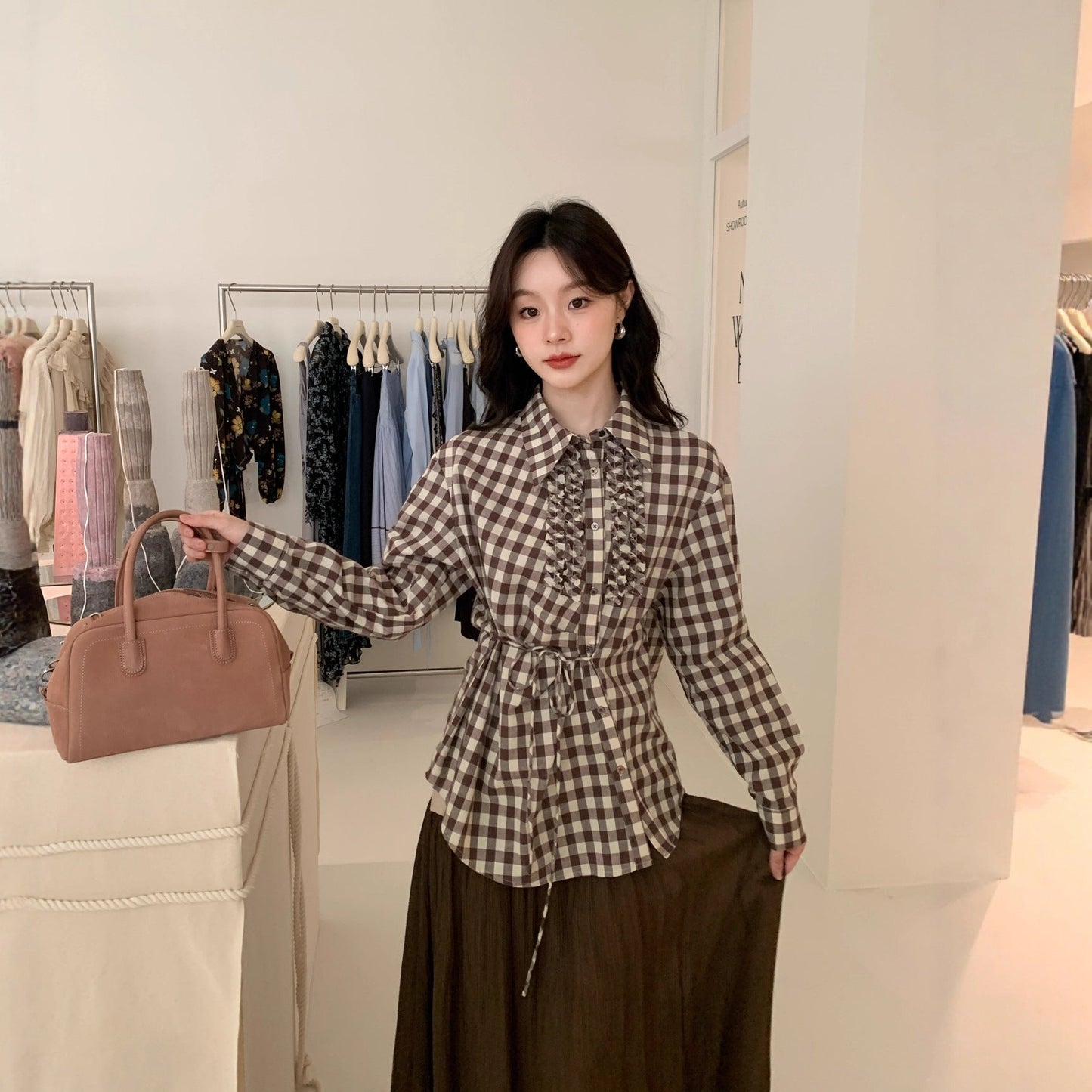 Temperament lace-up slanted placket long-sleeved plaid shirt