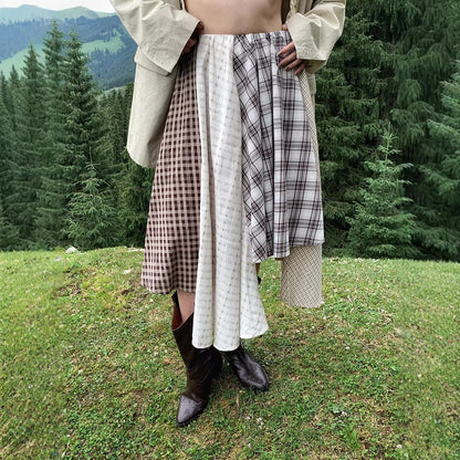 Irregular Vintage Plaid Patchwork Skirt
