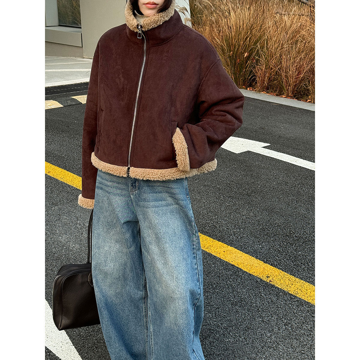Korean stand-up collar suede spliced lamb wool short coat women's new winter versatile thermal top