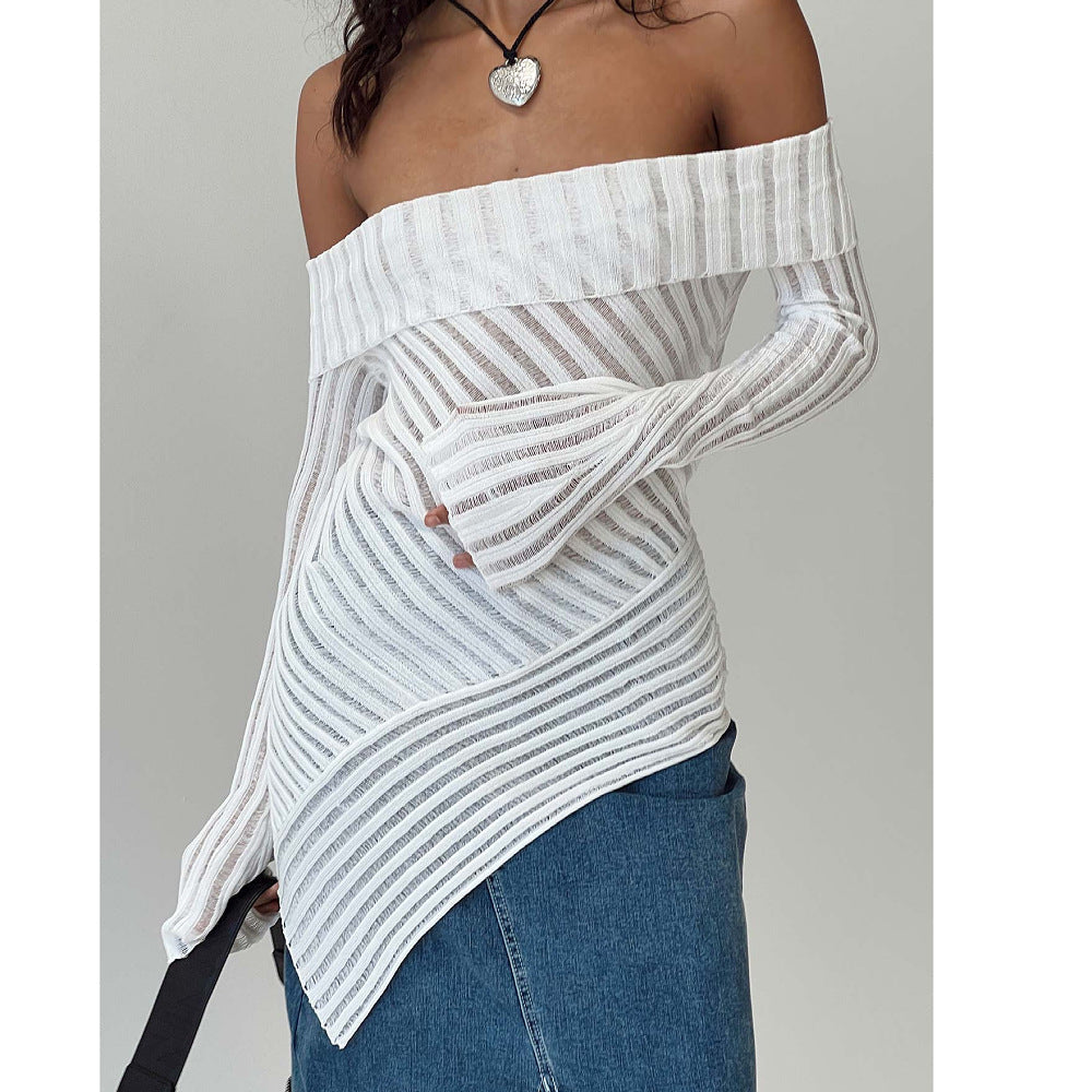 Off-Shoulder Knitted Sweater Women Long Sleeve Slim Fit French Style Top