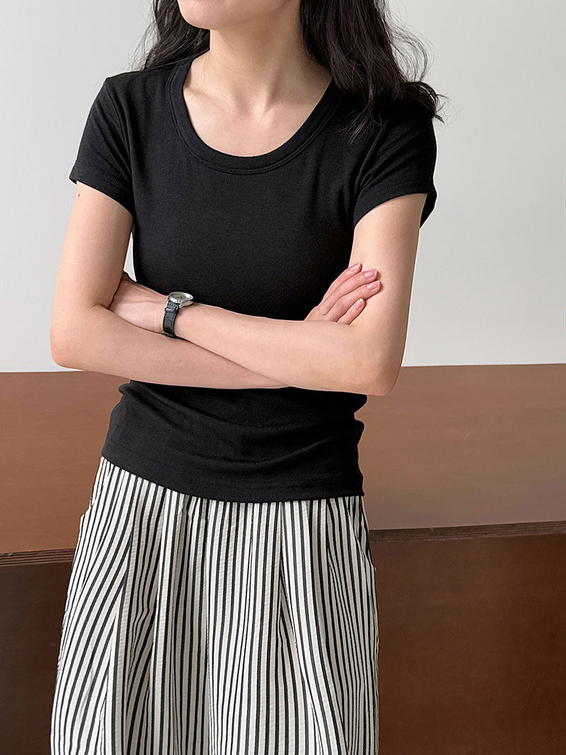 Huge comfort~ Tencel wool shoulder U-neck short-sleeved T-shirt women's summer commuting slim-fitting and thin top