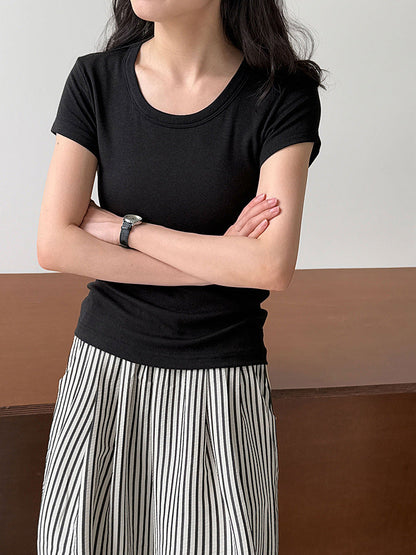 Huge comfort~ Tencel wool shoulder U-neck short-sleeved T-shirt women's summer commuting slim-fitting and thin top