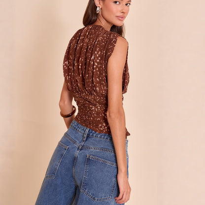 Fashion polka dot solid color V-neck waist sexy pleated short-sleeved T-shirt