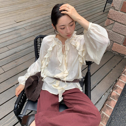 Autumn Chic French Splicing Design Lace-up Long Sleeve Ruffle Shirt