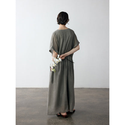 Summer new design Tencel V-neck drawstring waist glossy dress