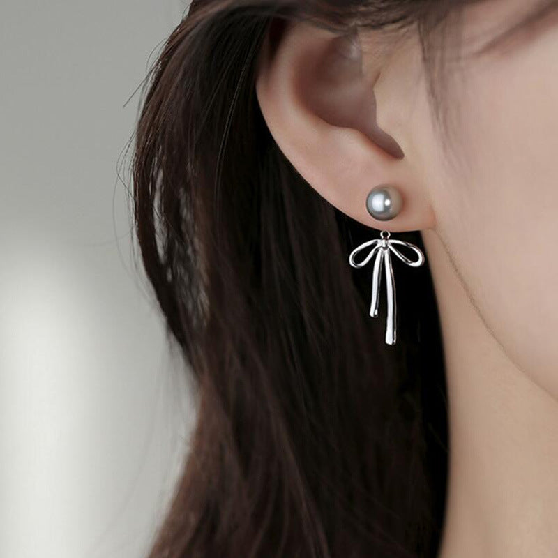 Cold sense pearl bow stud earrings niche light luxury high sense earrings cold wind temperament versatile commuter earrings