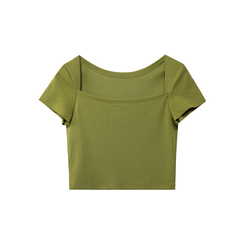 Square Neck French Tights Open Button Short Sleeve T-Shirt