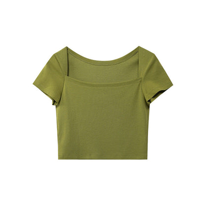 Square Neck French Tights Open Button Short Sleeve T-Shirt