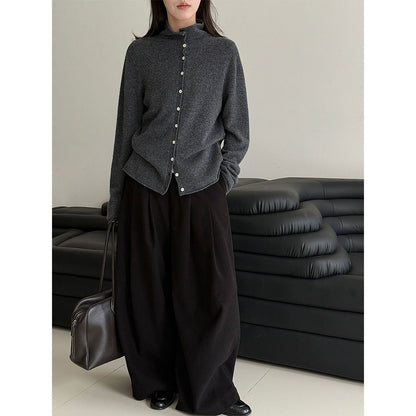 100 wool rolled hem single breasted knitting shirt women's winter half turtleneck sweatercardigan bottomtops