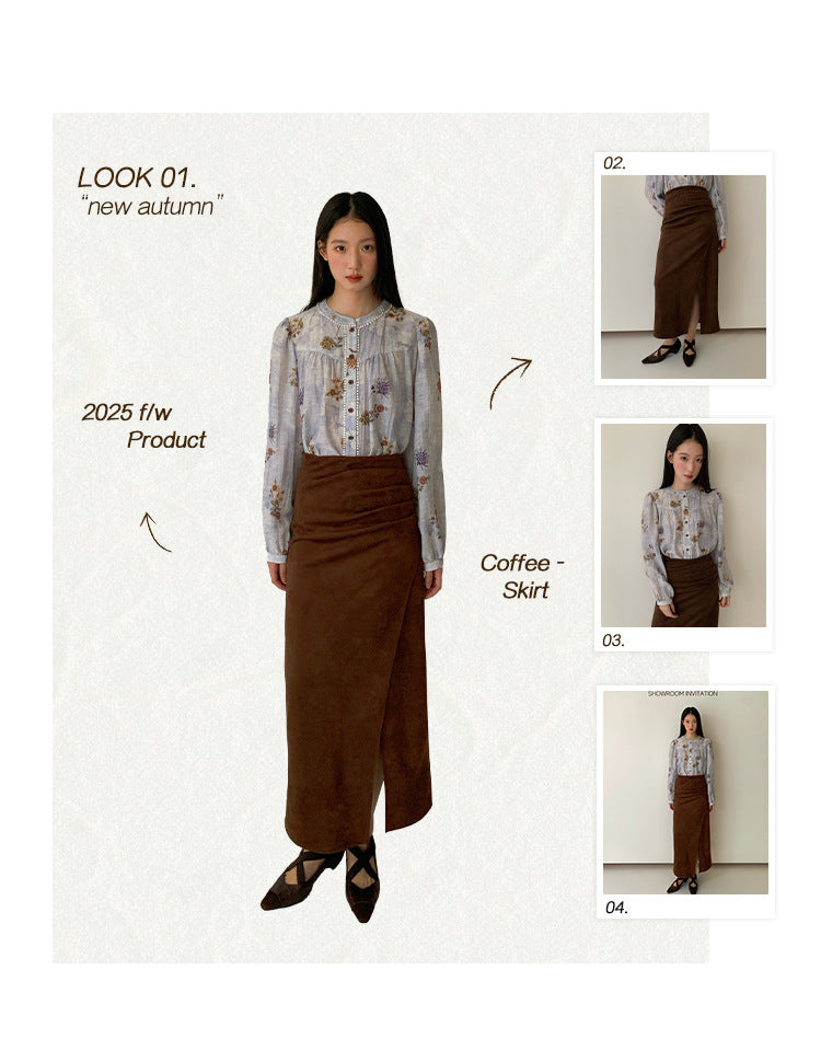 Hip-wrapped skirt for women, thin, pinch pleated front split-ended long one-step skirt