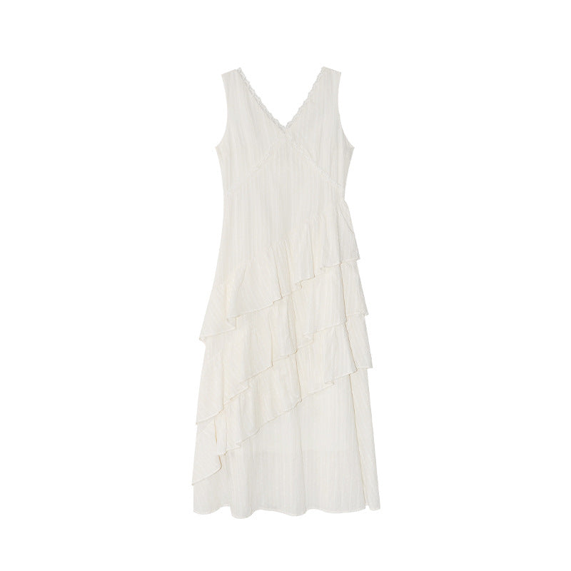 Summer French gentle temperament slim V-neck ruffle edge dress