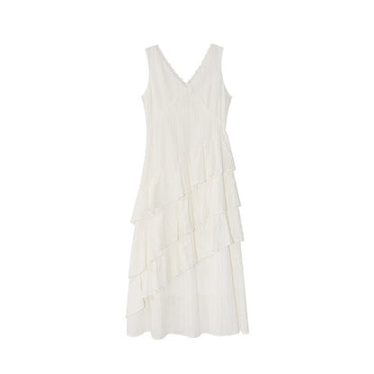 Summer French gentle temperament slim V-neck ruffle edge dress