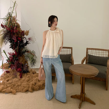 Sweet age-reducing shirt design streamer neck sleeveless top