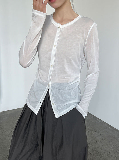 Pleated waist light long sleeve T-shirt women's summer new simple crew neck sunscreen cardigan top