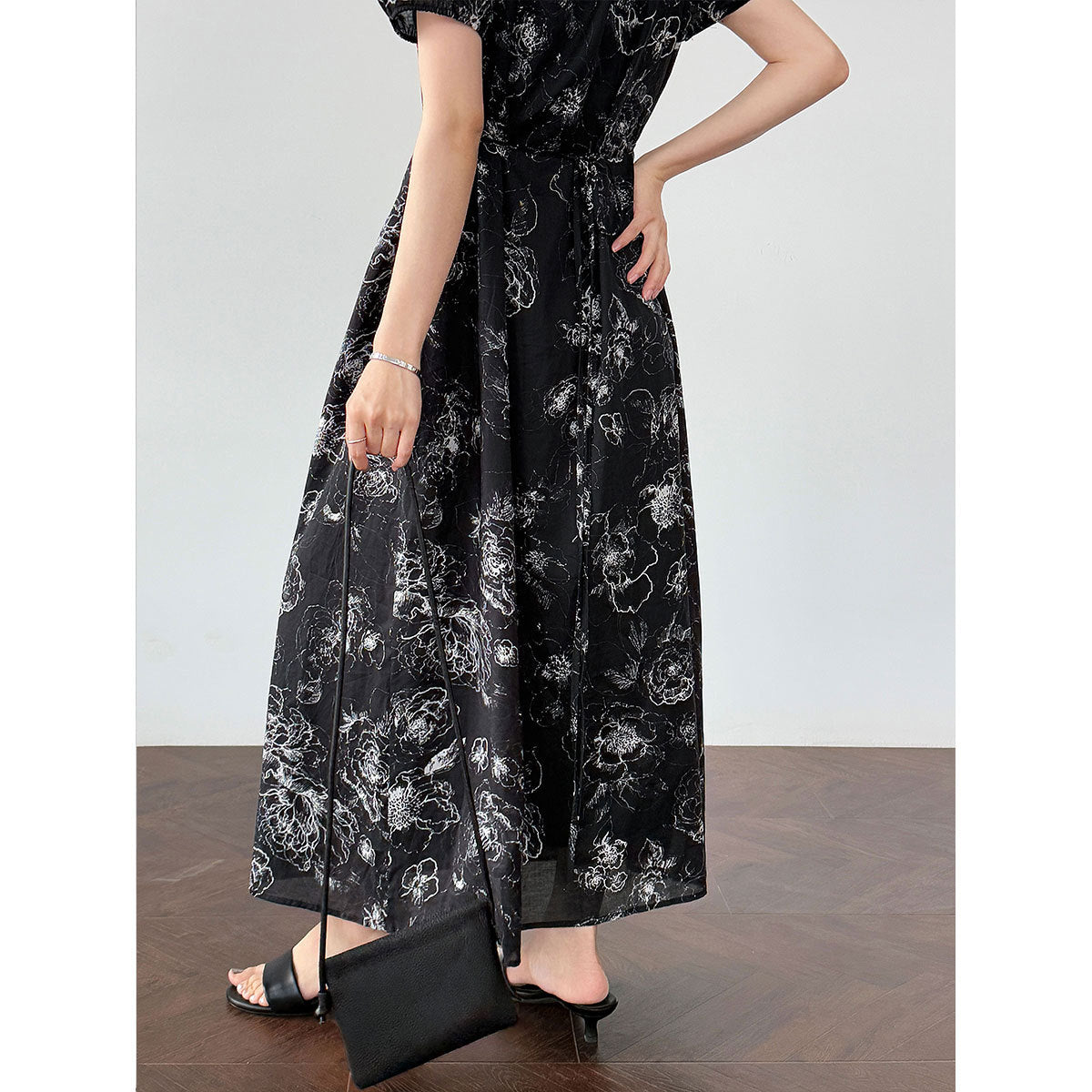 French classic ink painting floral one-piece dress, summer new high-end coffee break dress
