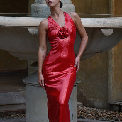 Hollow backless sexy red sequined split dress