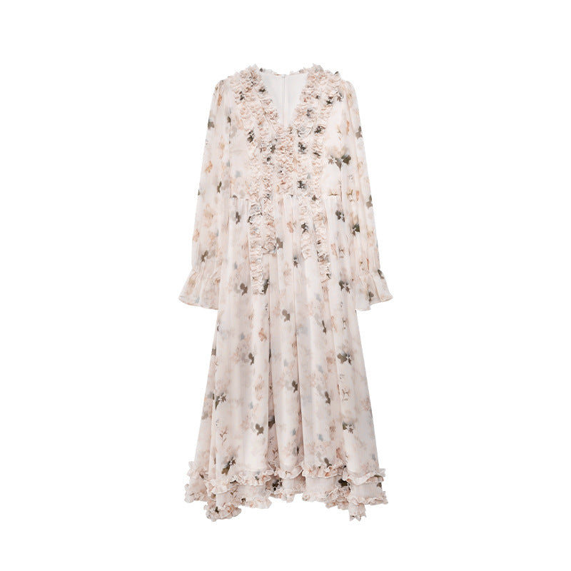 Coffee break drape fungus edge floral dress women