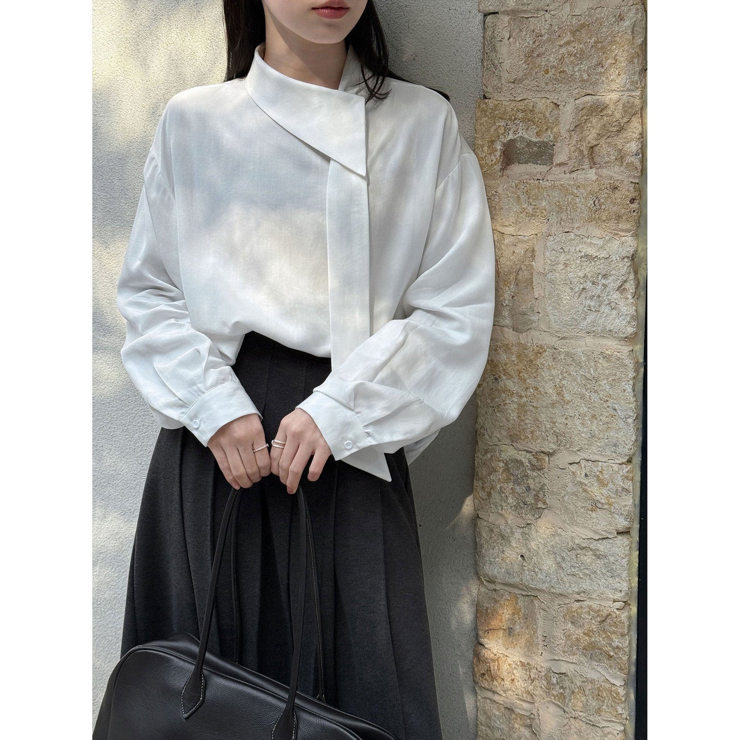 French design strap collar temperament shirt women's 26 early spring Tencel relaxation niche shirt