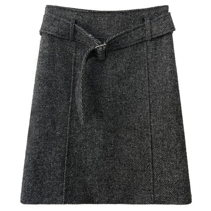 Retro high-waisted temperament and thin woolen skirt women's winter new belt versatile loose skirt