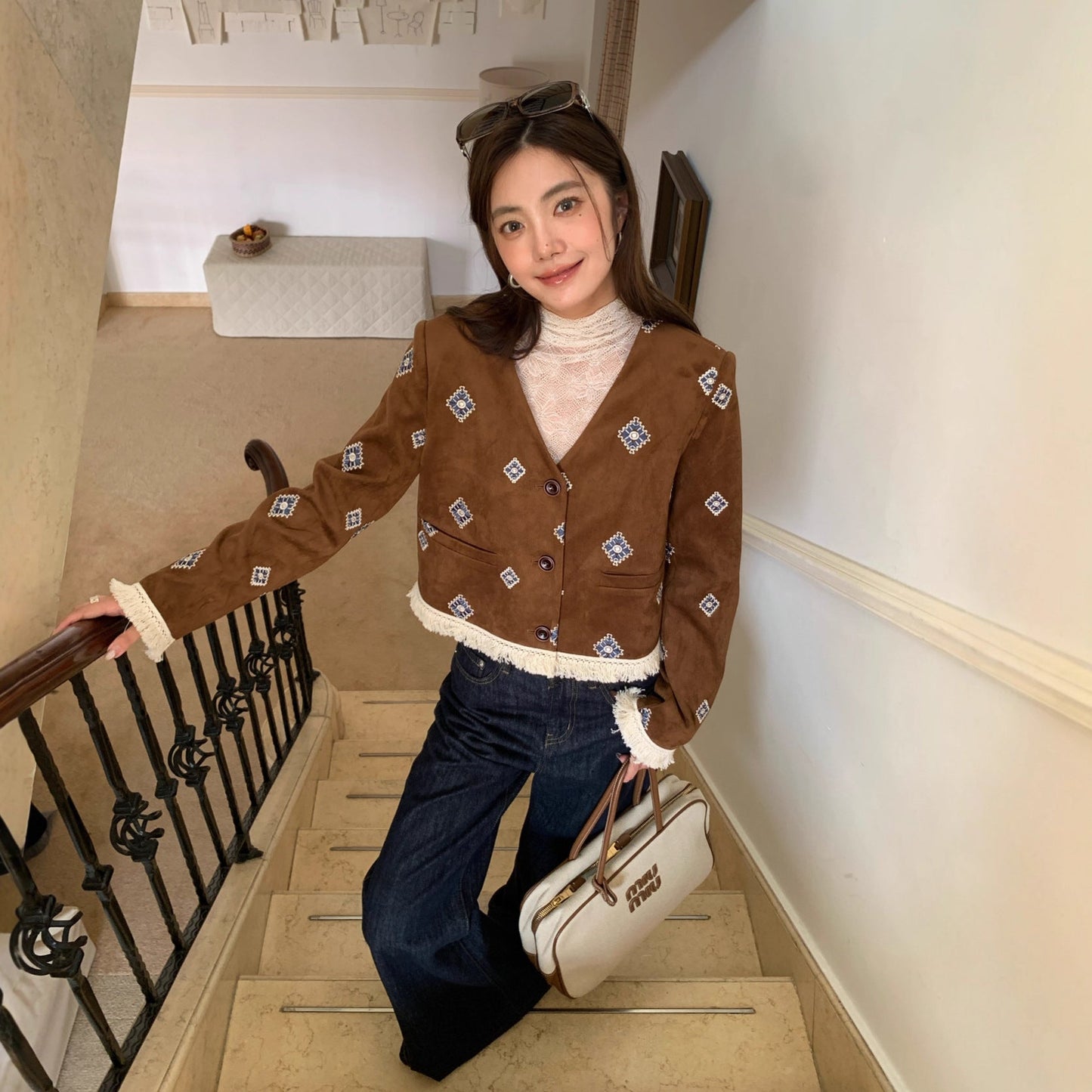 Vintage fringed design rhombus embroidered short temperament suede jacket