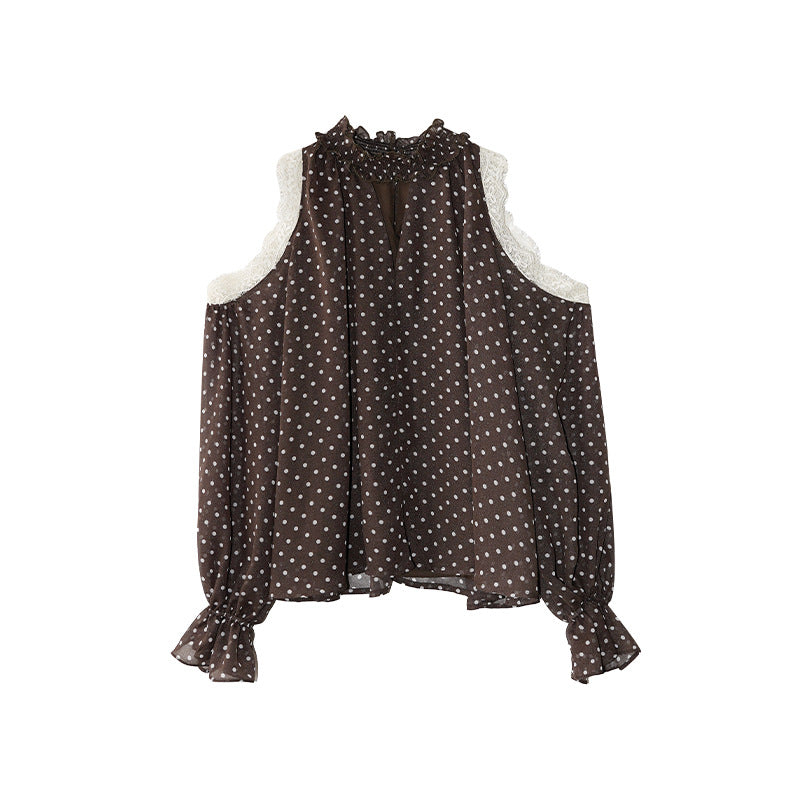 Lace polka dot flared sleeve neck off-the-shoulder shirt