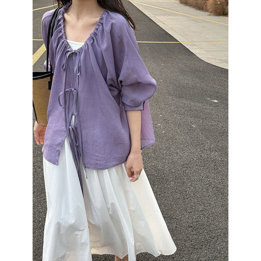 Korean drawstring shirt top women's spring new V-neck sunscreen shirt lace-up cardigan