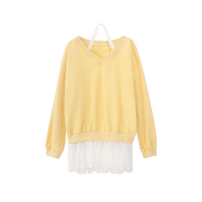 Lace fake two halterneck V-neck loose sweatshirt women
