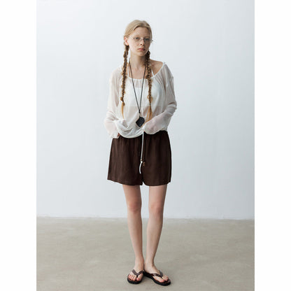 Summer new casual high waist pure linen drawstring solid color easy short casual pants