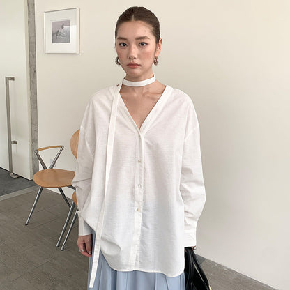 Spring red linen streamer shirt niche V-neck backless lazy shirt