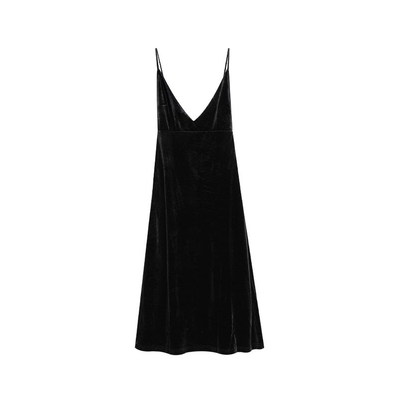 Retro temperament deep V slim velvet suspender dress