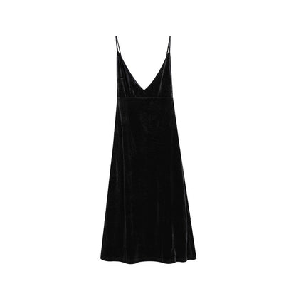 Retro temperament deep V slim velvet suspender dress